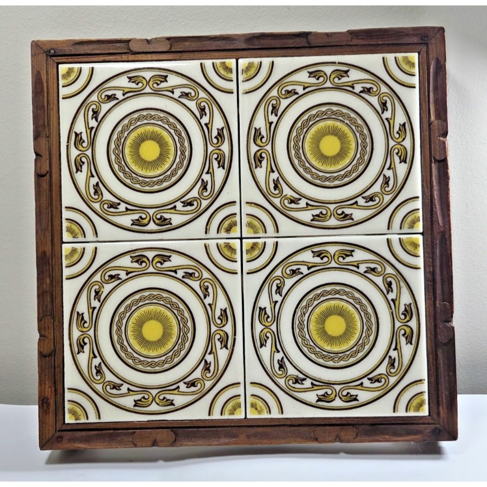 Mexican Hand Carved Wood & Tile‎ Retro Trivet Yellow Brown White